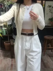 アイボリー ブークレ カーディガン クロップド ニット