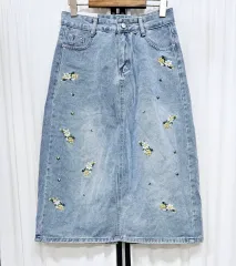 (タグ新品)フラワー刺繍 ロングデニムスカート デニムスカート