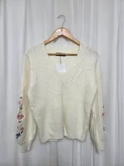44-66 アイボリー フラワー 刺繍 Vネック レディース ニット カジュアル デイリー ファッション