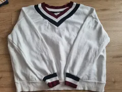 白 Vネック ストライプ 起毛 スウェット