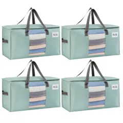 VENO 布団収納袋 引越しバッグ 大容量 引越しダンボールの代替 高耐久 耐水 透明窓付き ダブルジッパー付き 折りたたみ可能 衣装ケース 布団袋 洋服収納 引っ越し キャンプ 旅行 (ライトグリーン 4枚セット)