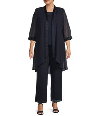 ルボ レディース トップス ワンピース ジョーゼット プラスサイズ Le Bos Plus Size Round Neck 34 Sleeve Georgette Tonal Trim Evening 3Piece Pant Set Dark Navy ネイビ