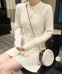 ケーブル編み ニットワンピース レディース 韓国風 ミニ丈 ゴールドボタン 長袖 クルーネック ニットワンピ カーディガン 羽織り 着やせ 体型カバー フェミニン きれいめ 秋冬 CH2NVRJ-014