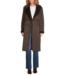 ダナキャラン レディース アウター コート Donna Karan Faux Shearling Notch Collar Belted Button Front Wrap Coat Dark Broのサムネイル