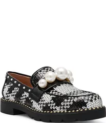 ベッツィジョンソン レディース シューズ スリッポン・ローファー スパンコール ローファー Betsey Johnson Harloe Sequin Plaid Fabric Pearl Embellished Loafers BlackWhite ホワイト