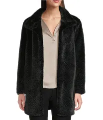 ダナキャラン レディース アウター コート Donna Karan Faux Fur Stand Collar Button Front Coat Rich Black ブラックのサムネイル