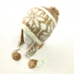 JPN/ 雪の結晶ビーニー イヤーフラップビーニー ポンポン付きビーニー 森ガール系ビーニー ブラウン雪の結晶ビーニー