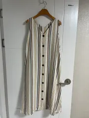 (日本 ヴィンテージ)ノースリーブ ONE PIECE ストライプ レーヨン ３ リネン M