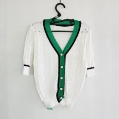 0333 タグ商品 白、グリーン バイカラー 半袖 カーディガン フリーサイズ