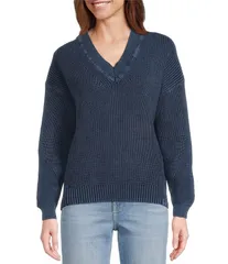 トッミーバハマ レディース アウター ニット・セーター Vネック Tommy Bahama Indigo Palmsalt Wash VNeck Long Sleeve Sweater Coastliのサムネイル