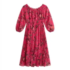 [D-4] 【美品】花柄シャーリング長袖ロングワンピース