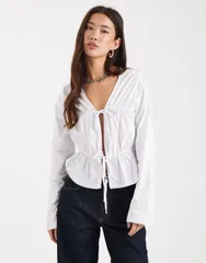 エイソス レディース トップス Tシャツ ASOS DESIGN long sleeve tshirt with tie panel detailing WHITE ホワイト