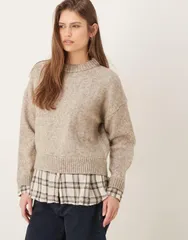 マンゴ レディース アウター ニット・セーター シャツ Mango knit sweater with plaid shirt BROWN ブラウンのサムネイル