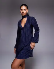 エイソス レディース トップス ワンピース バルーンスリーブ ミニワンピース ミニ ASOS DESIGN plisse V front choker detail with balloon sleeve mini dress NAVY ネイビー