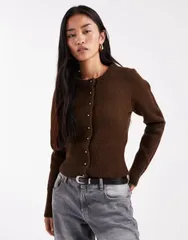 エイソス レディース アウター カーディガン ニット ASOS DESIGN fluffy neat fit knit cardigan Brown ブラウン