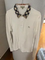 バーバリー 白 チェック カラ 長袖 ポロTシャツ M