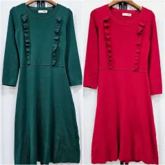 (レッドグリーン)パパイヤラッフルニットONE PIECE AラインフレアONE PIECE