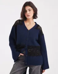 エイソス レディース アウター カーディガン レース ASOS DESIGN lace inserts boyfriend cardigan Navy ネイビーのサムネイル