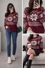 ウール80% ノルディック雪柄ニット/バーガンディ/冬のPOINTニット