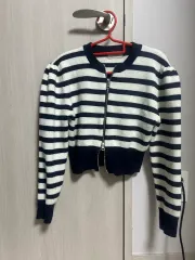 ストライプ ノーカラー ニットジップアップ