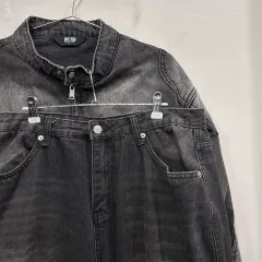 TRILLION ウォッシュド ブラックデニム ジップアップ ジャケット & カーゴ ワイドパンツ デニム セットアップ