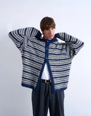 トップマン メンズ アウター カーディガン クルーネック Topman fluffy striped crew neck cardigan BLUE ブルーのサムネイル