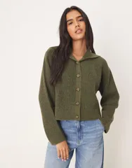 エイソス レディース アウター カーディガン リブ ASOS DESIGN sailor collar fisherman ribbed cardigan Khaki カーキのサムネイル