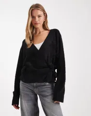 エイソス レディース アウター カーディガン ニット ASOS DESIGN knit eyelash wrap cardigan Black ブラックのサムネイル