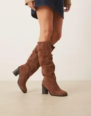 エイソス レディース シューズ ブーツ・レインブーツ スエード ブーツ レザー ヒール ASOS DESIGN Carolina leather slouchy heeled knee boots brushed suede Chocolate チョコレート