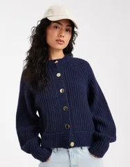 エイソス レディース アウター カーディガン リブ ニット ASOS DESIGN knit fisherman ribbed cardigan with raglan detail Navy ネイビのサムネイル