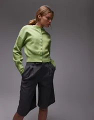 トップショップ レディース アウター カーディガン ニット Topshop knit compact fitted waist cardigan Green グリーンのサムネイル