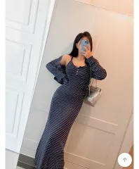 とろみ素材 ストライプ ボーダー柄 ノースリーブ マキシ ロング丈ワンピース WHO フード カーディガン セット ネイビー