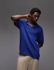 トップマン メンズ トップス ポロシャツ ニット Topman knit check crochet polo Blue ブルーのサムネイル
