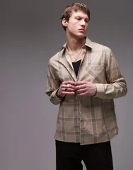 トップマン メンズ トップス シャツ Topman long sleeve check oversized shirt STONE ストーンのサムネイル