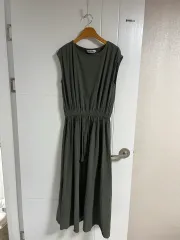 (日本ヴィンテージ)ノースリーブ ONE PIECE Long カーキ コットン リネン M