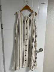 (日本 ヴィンテージ)ノースリーブ ONE PIECE ストライプ レーヨン ３ リネン M