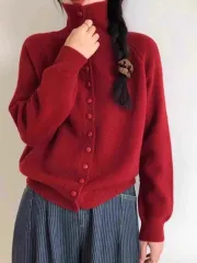 (F) ハイネック ボタン ニット カーディガン 一回 着用