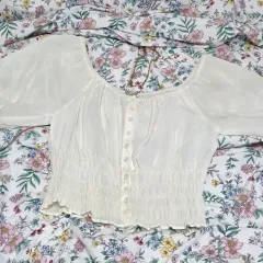 ナンニング9)ヴィンテージ スモーク シースルー リネン パフ オフショルダー 森ガール デイリー ブラウス