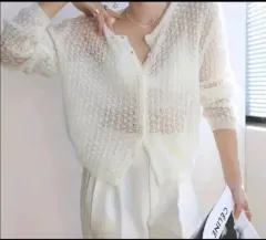 新品 アイボリー 柔らかい シースルー ニット カーディガン 55-77