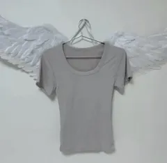 通販 在庫整理 新商品 リブ 딥Uネック半袖Tシャツ (ベージュ&グレー)