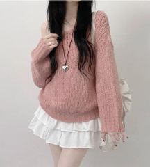 ピンク ボートネック ニット