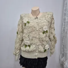 アイボリー フラワー クロシェ ニット カーディガン