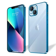 【数量限定】に適合する iPhone 13 ケース 耐衝撃 軽量 用の アイフォン13 スマホケース 背面クリア 周りメッキ加工 TPU 米軍規格 保護カバー 落下防止 ストラップホール付き ワイヤレス充電 防塵 一体型 （ブルー）