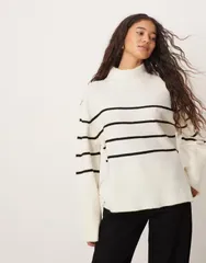 ブレーブソウル レディース アウター ニット・セーター ハイネック Brave Soul high neck loose fit sweater and black stripes WHITE ホワイト