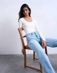 トップショップ レディース トップス Tシャツ Topshopremium rib long sleeve wide scoop neck top in ecru エクリュ