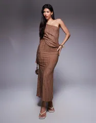 エイソス レディース トップス ワンピース マキシワンピース ドレープ マキシ ASOS DESIGN draped one shoulder maxi dress with ladder fabric in chocolate Chocolate チョコレー
