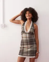 コルージョン レディース トップス ワンピース ミニワンピース ミニ レース COLLUSION plaid and lace mini dress Beige check ベージュ