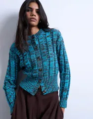 トップショップ レディース アウター カーディガン ニット Topshop knit chunky cinch waistwist cardigand chocolate Blue and Chocoのサムネイル
