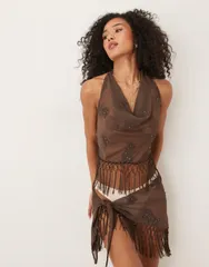 マンゴ レディース トップス タンクトップ ホルター Mango halter cowl neck tassel top in chocolate part of a set Chocolate チョのサムネイル