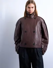 トップショップ レディース アウター コート レザー フェイクレザー Topshop faux leather ovoid sleeve shortrench BROWN ブラウンのサムネイル